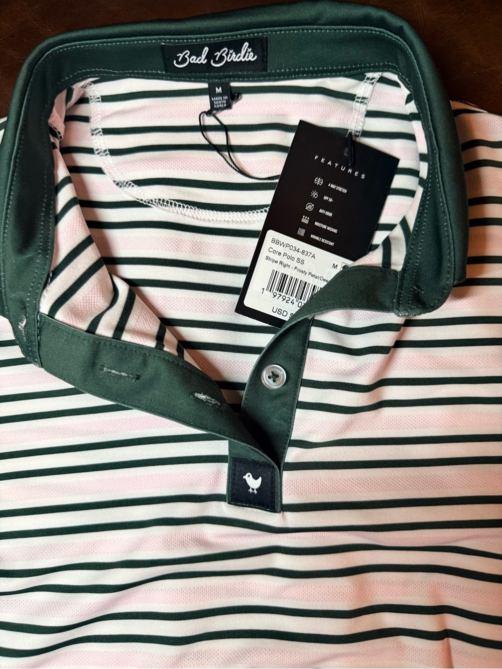 Bad Birdie  Polo Top with Dark Green/Pink Stripes NWT - Picture 7 of 9